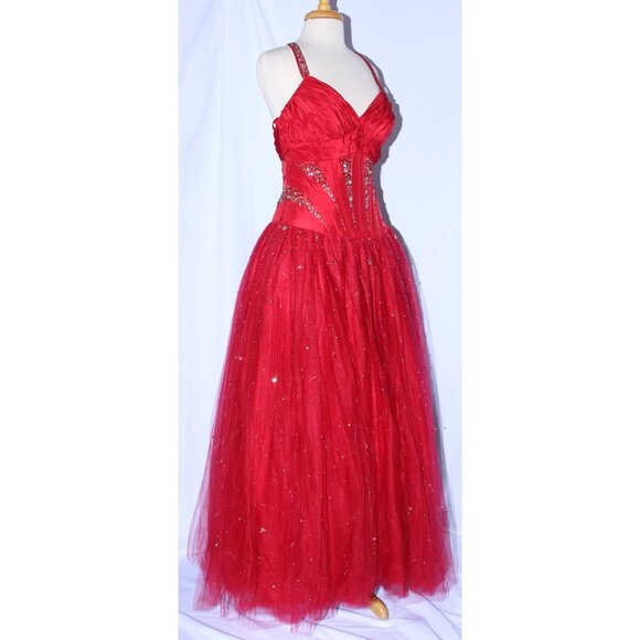 NWOT MayQueen #508 Beaded Taffeta and Tulle Prom Gown With Corset -Size 12-RED - Picture 3 of 6